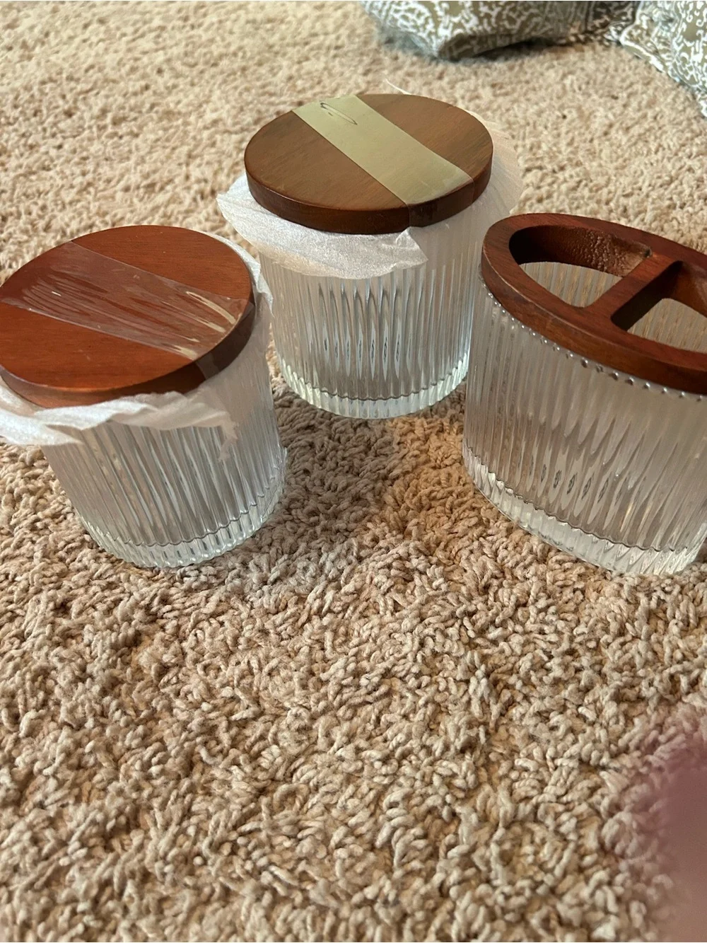 Wood Top Clear Glass Vanity Canister Set - Brown and Clear
